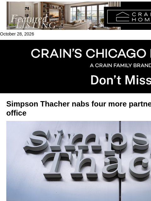 crainalerts newsletter: New law firm in town poaches 4 more partners