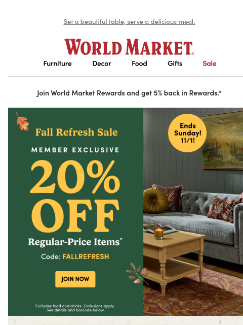 emailworldmarket newsletter: 20% off just in time for fall feasts! 🍂🥧🍽️ 