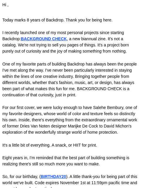 backdrophome newsletter: 8 YEARS (AND OFFER?)