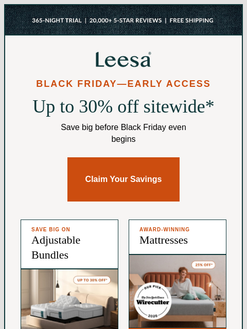 leesasleep newsletter: Shop early and save up to 30% sitewide