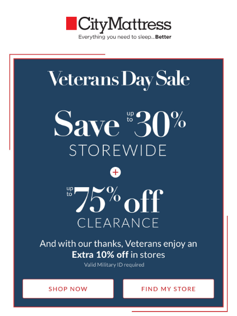 citymattress newsletter: Veterans Day Sale: Up to 75% Off Clearance