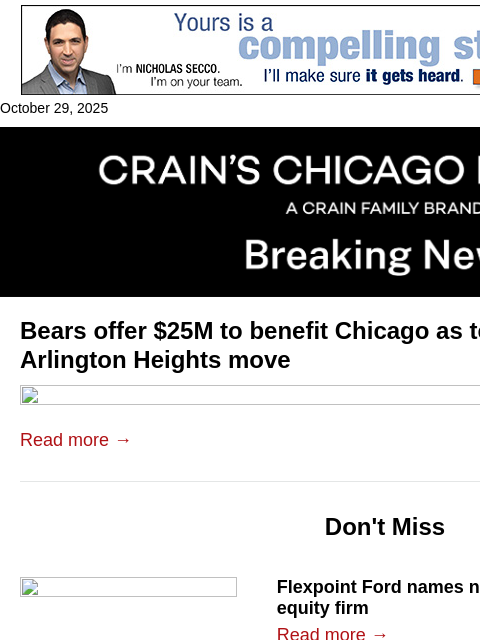 crainalerts newsletter: Bears offer $25M to Chicago in Arlington Heights p...