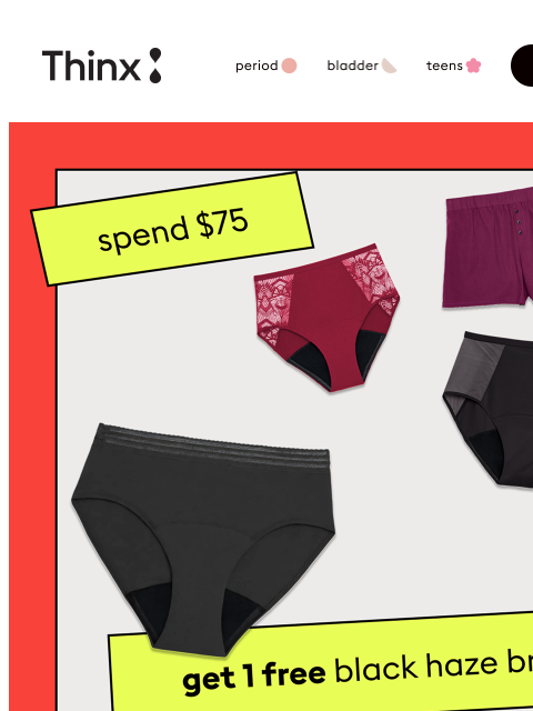 shethinx newsletter: Spend $75 and get a free pair