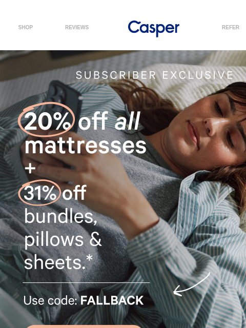 casper newsletter: 20% off ALL mattresses!