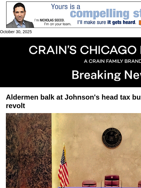 crainalerts newsletter: Aldermen balk at Johnson's head tax but stop short...