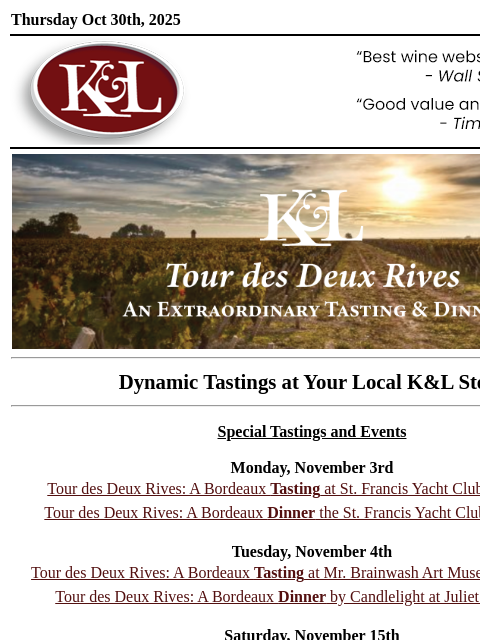 klwines newsletter: K&L Tastings: Grand Northern Rhône Tasting, Timele...