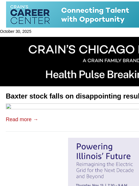 crainalerts newsletter: Baxter stock falls on disappointing results, lower...