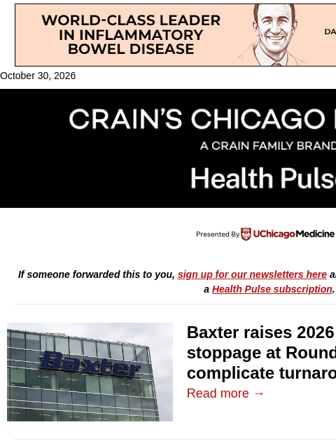 crainalerts newsletter: An unwelcome complication for Baxter turnaround
