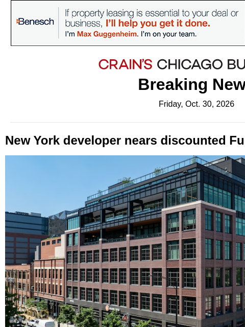 crainalerts newsletter: Fulton Market office poised to sell at a discount