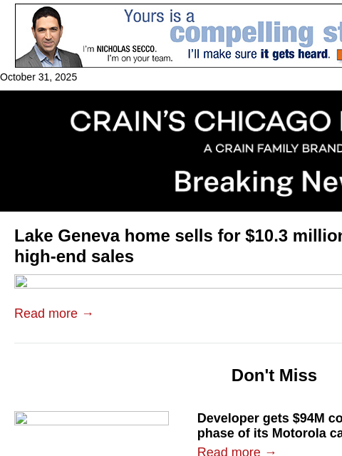 crainalerts newsletter: Lake Geneva home sells for $10.3M