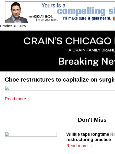 crainalerts newsletter: Cboe restructures
