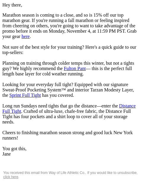 Hey there, Marathon season is coming to a close, and so is 15% off our top marathon gear. If you're running a fall marathon or feeling inspired from cheering on others, you're going to want to