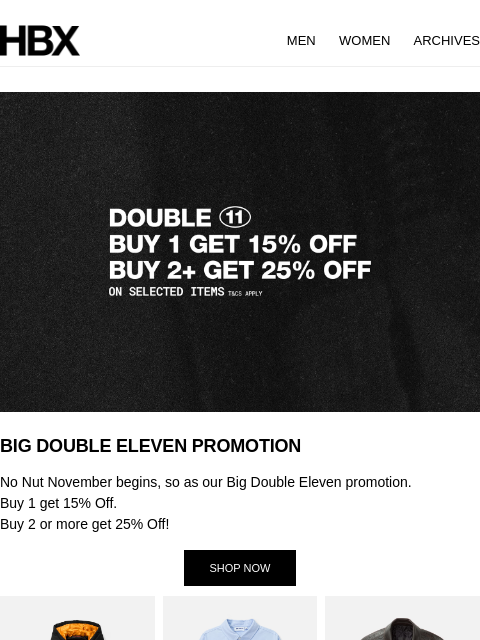 hbx newsletter: BIG DOUBLE ELEVEN PROMOTION