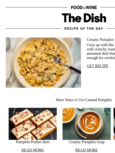 foodandwine newsletter: Creamy Pumpkin Pasta