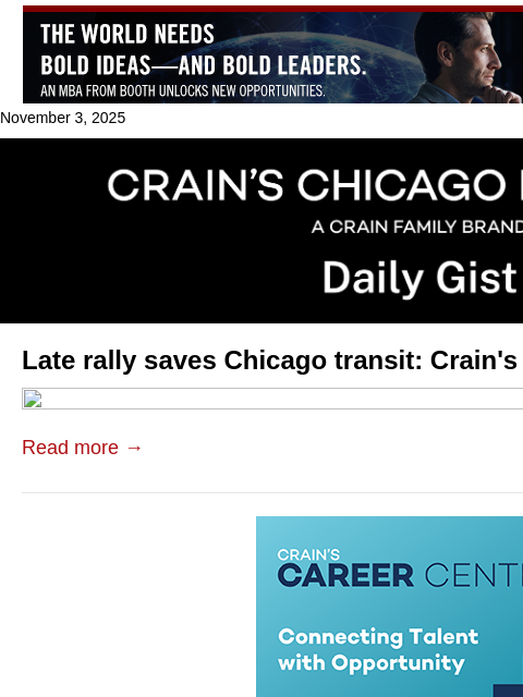 crainalerts newsletter: Late rally saves Chicago transit: Crain's Daily Gi...