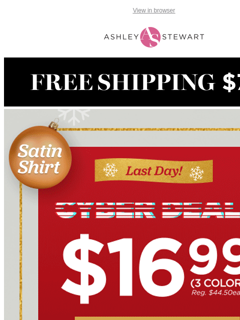 ashleystewart newsletter: 🚨FINAL HOURS🚨 $16.99 SATIN SHIRT CYBER DEAL
