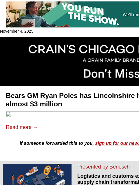 crainalerts newsletter: Bears GM's Lincolnshire home up for sale