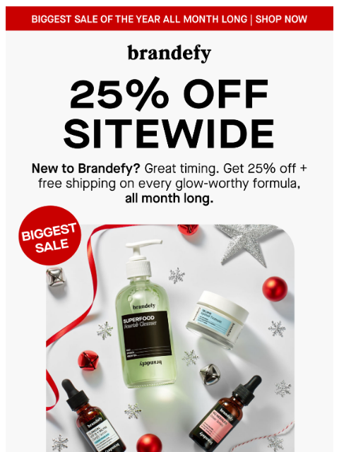 brandefyskin newsletter: 25% off all month long + free shipping