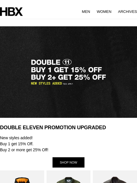 hbx newsletter: DOUBLE ELEVEN PROMOTION UPGRADED