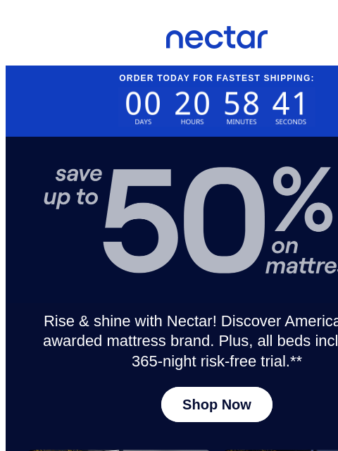 nectarsleep newsletter: Save up to 50% on your brighter mornings 🌻