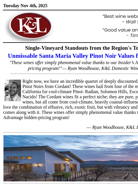 klwines newsletter: One-Time Pricing on CA Single Vineyard Pinot Gems