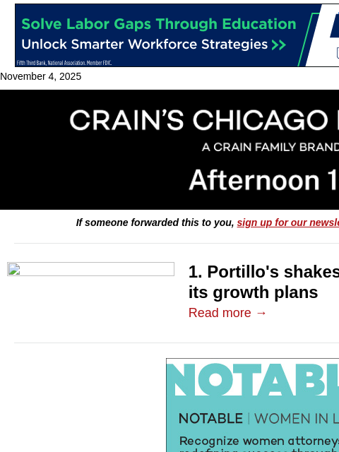crainalerts newsletter: Portillo's shakes up leadership — again