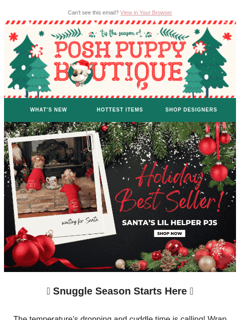 poshpuppyboutique newsletter: Cozy Up, Pup! 💤 New Holiday Pajamas Are Here