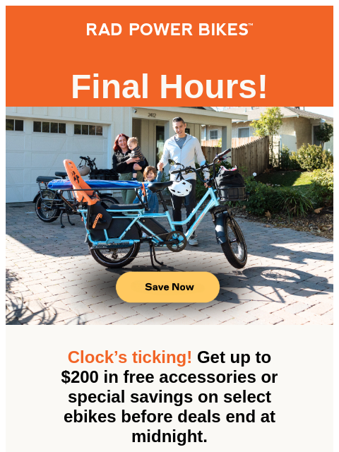 radpowerbikes newsletter: FINAL HOURS: Up to $200 in Free Accessories! ⏰