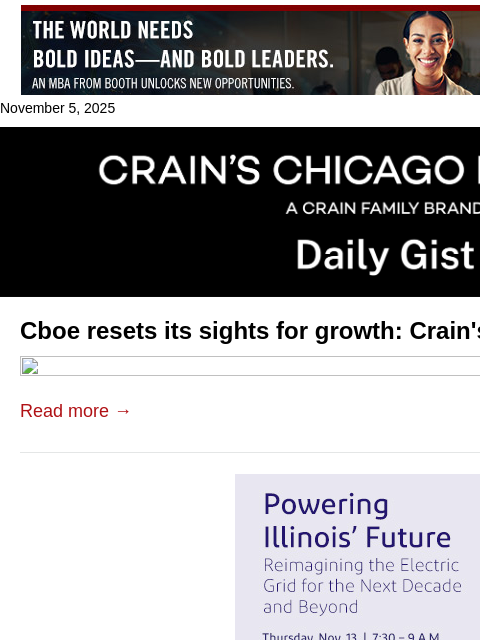 crainalerts newsletter: Cboe resets its sights for growth: Crain's Daily G...