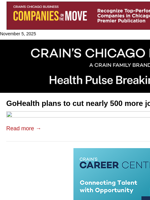 crainalerts newsletter: More job cuts at GoHealth