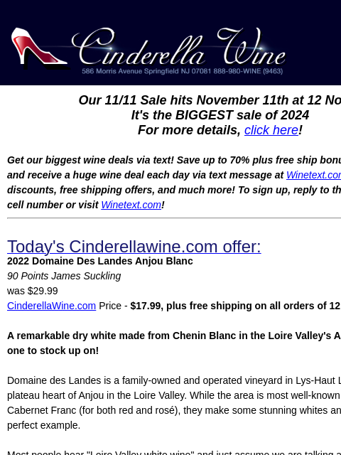 Our 11/11 Sale hits November 11th at 12 Noon! It's the BIGGEST sale of 2024 For more details, click here! Get our biggest wine deals via text! Save up to 70% plus free ship bonus offers! Sign up