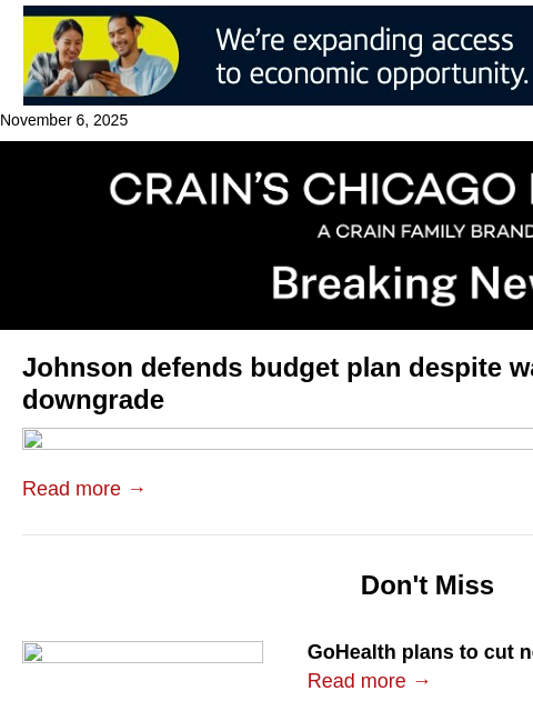 crainalerts newsletter: Johnson defends budget despite S&P warning