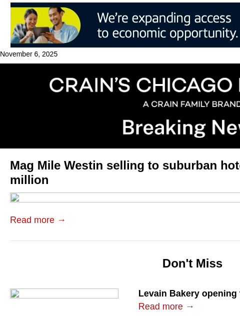 crainalerts newsletter: Mag Mile Westin selling to suburban hotel investor