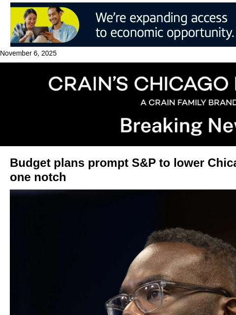 crainalerts newsletter: S&P lowers Chicago's credit outlook to negative