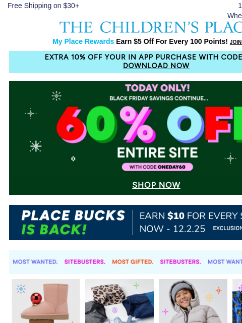 childrensplace newsletter: FINAL HOURS 😲 60% OFF ENTIRE SITE w/code ONEDAY60
