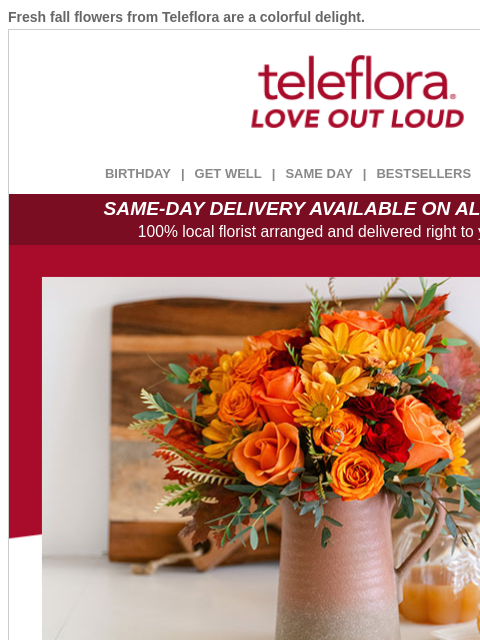 teleflora newsletter: Send Color-Fall Blooms 🍁 Enjoy 25% Off
