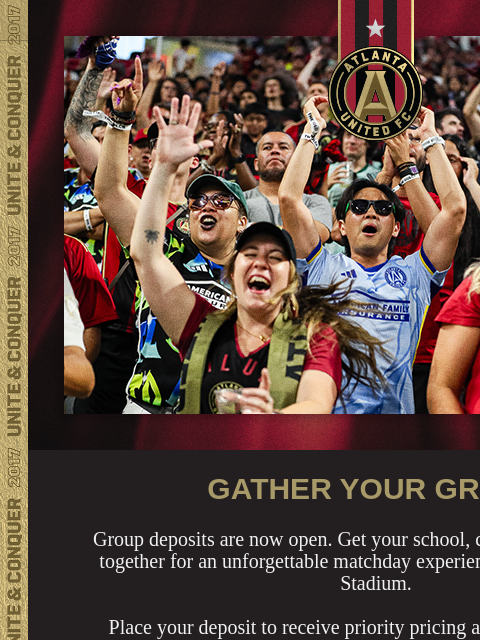 Experience ATL UTD with your squad ﻿͏ ﻿͏ ﻿͏ ﻿͏ ﻿͏ ﻿͏ ﻿͏ ﻿͏ ﻿͏ ﻿͏ ﻿͏ ﻿͏ ﻿͏ ﻿͏ ﻿͏ ﻿͏ Fans Celebrating GATHER YOUR GROUP Group deposits are now open. Get your school, colleagues, and friends together for