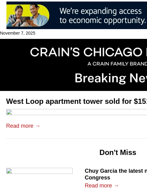 crainalerts newsletter: West Loop apartment tower sold for $151M