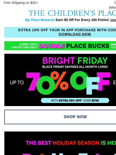 childrensplace newsletter: 🎄 Bright Friday Sitebusters: BOGO $1 Holiday PJs ...