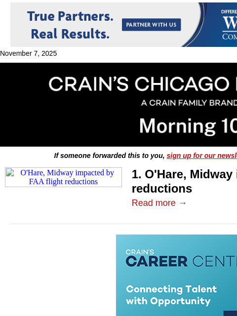 crainalerts newsletter: O’Hare, Midway hit by flight reductions