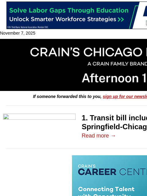 crainalerts newsletter: $3.8M for Springfield-Chicago air service