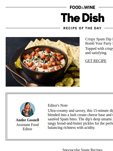 foodandwine newsletter: Crispy Spam Dip