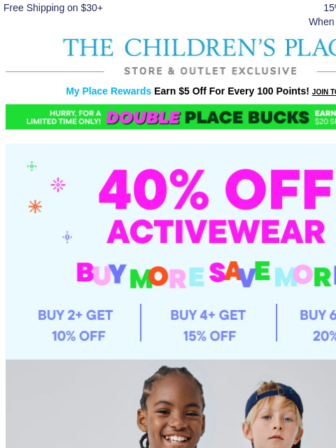 childrensplace newsletter: Ready, set, SAVE! ⚡ Extra 20% OFF 6+ Active Styles...