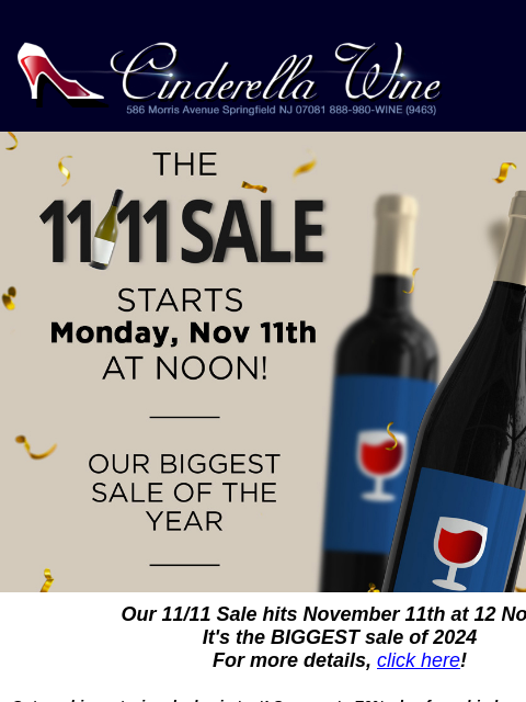 Our 11/11 Sale hits November 11th at 12 Noon! It's the BIGGEST sale of 2024 For more details, click here! Get our biggest wine deals via text! Save up to 70% plus free ship bonus offers! Sign up