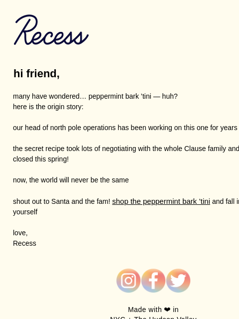 takearecess newsletter: the peppermint bark ’tini story