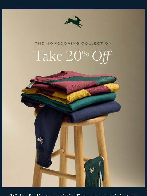 tracksmith newsletter: 20% off our Homecoming Collection
