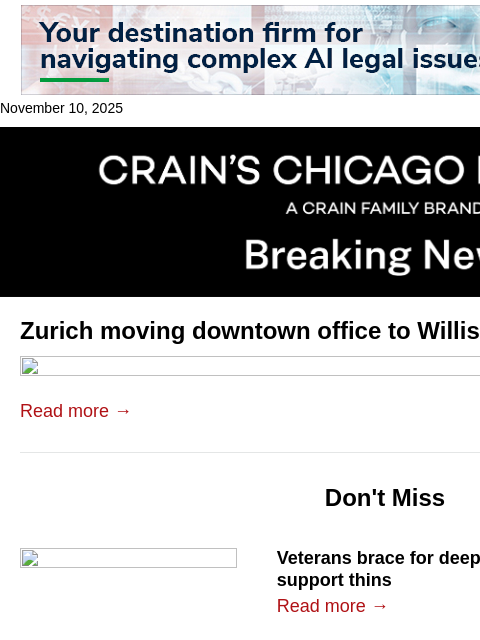 crainalerts newsletter: Zurich moving downtown office