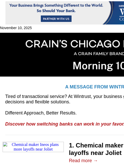 crainalerts newsletter: More layoffs at Ineos