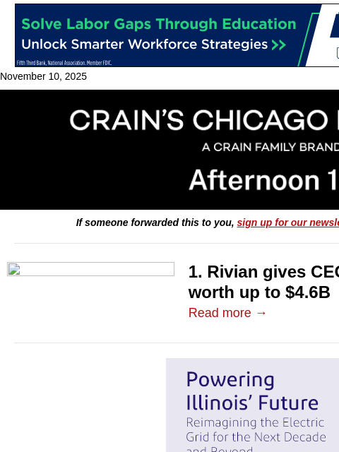 crainalerts newsletter: Rivian CEO's big payday