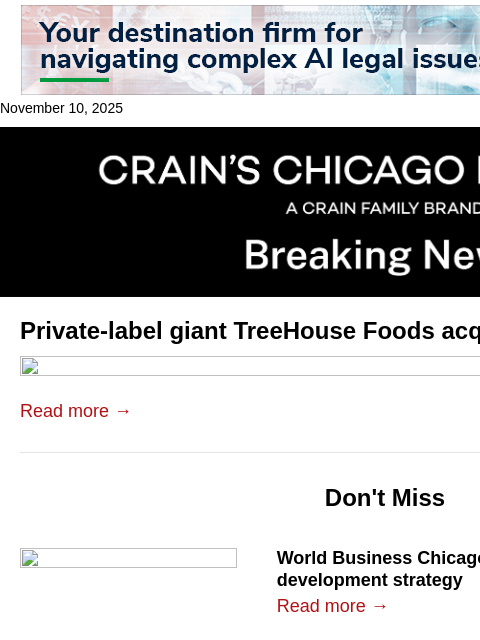 crainalerts newsletter: TreeHouse Foods acquired in $2.9B deal